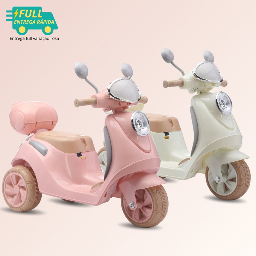 Mini Moto Vespa Motoca Motinho Elétrica Triciclo Infantil Scooter 6V Bege Rosa Luz Som Música Menina