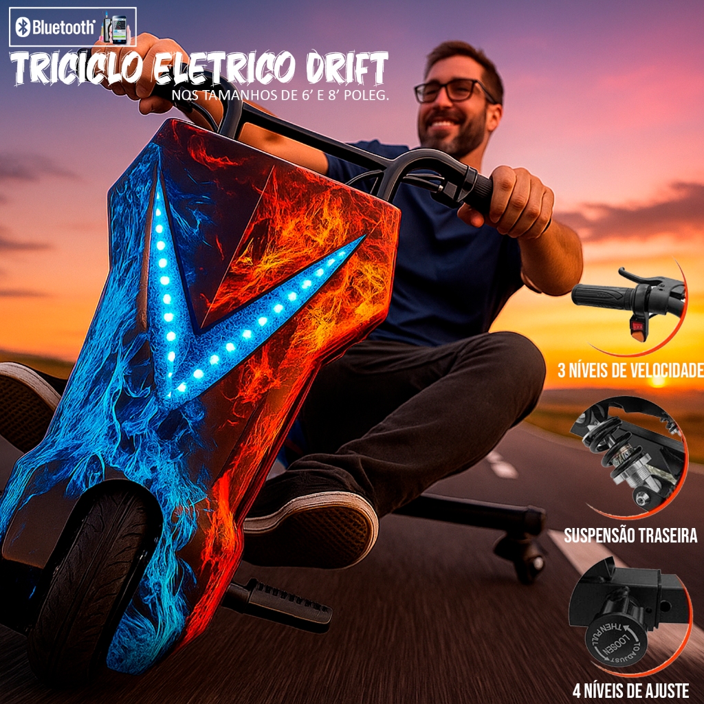 Triciclo Elétrico Drift Com Amortecedor Infantil / Adultos em Ação 25Km/h Scooter Até 70Kg Bluetooth