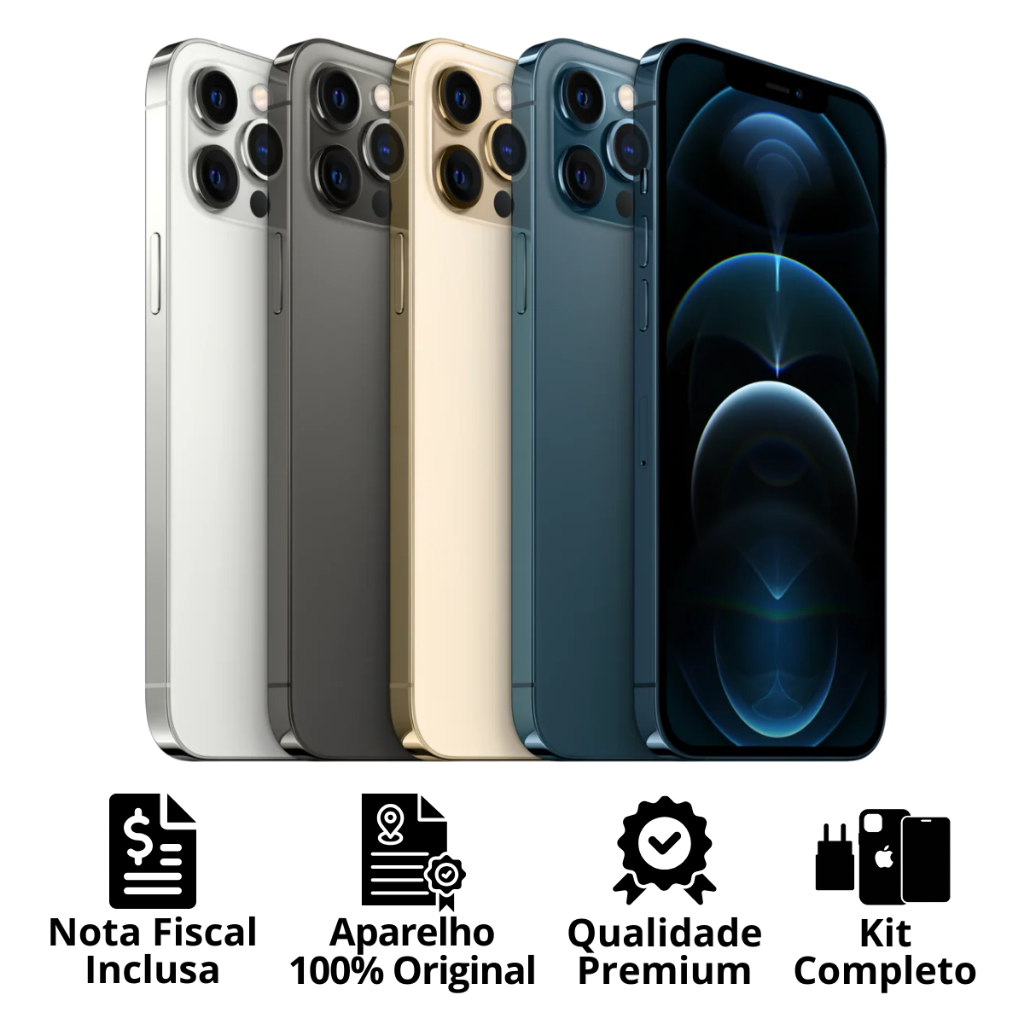 Celular iPhone 12 Pro Max (128GB) (256GB) 100% Original Apple Seminovo Vitrine Bateria 85% a 100% NF Carregador Película