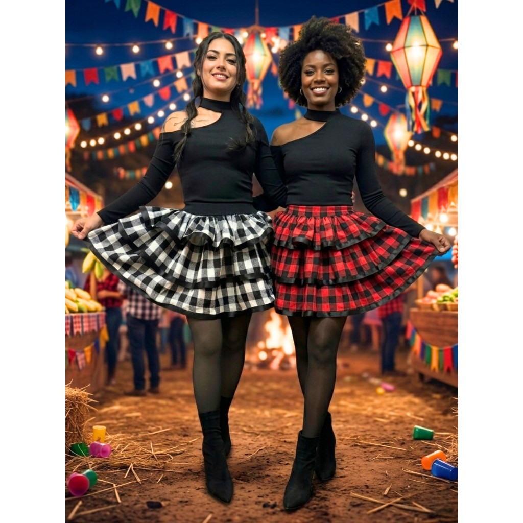 Saia Festa Junina Xadrez Rodada Curta Caipira Quadrilha Arraiá São João Adulta