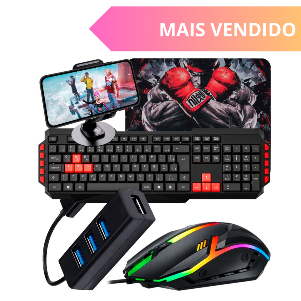 Kit Mobilador Gamer Completo com Teclado, Mouse RGB e Tripé | Tipo C ou V8